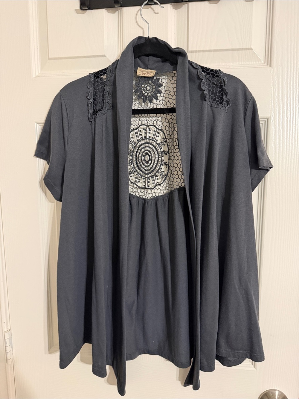 Grey Crochet-Back Short Sleeve Blouse